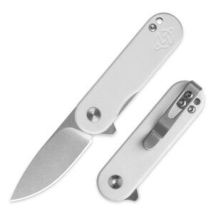 olitans g048 mini folding knife 1.93" d2 blade white g10 handle, small folding knife with deep carry pocket clip for edc（white）