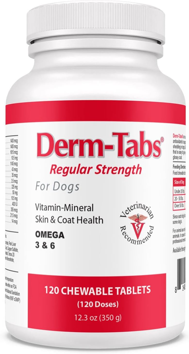 Derm Tabs Regular Strength for Dogs - Natural Oil, Vitamins, Minerals, and Antioxidants - Support Healthy Skin and Reduce Shedding - 120 Chewable Tablets