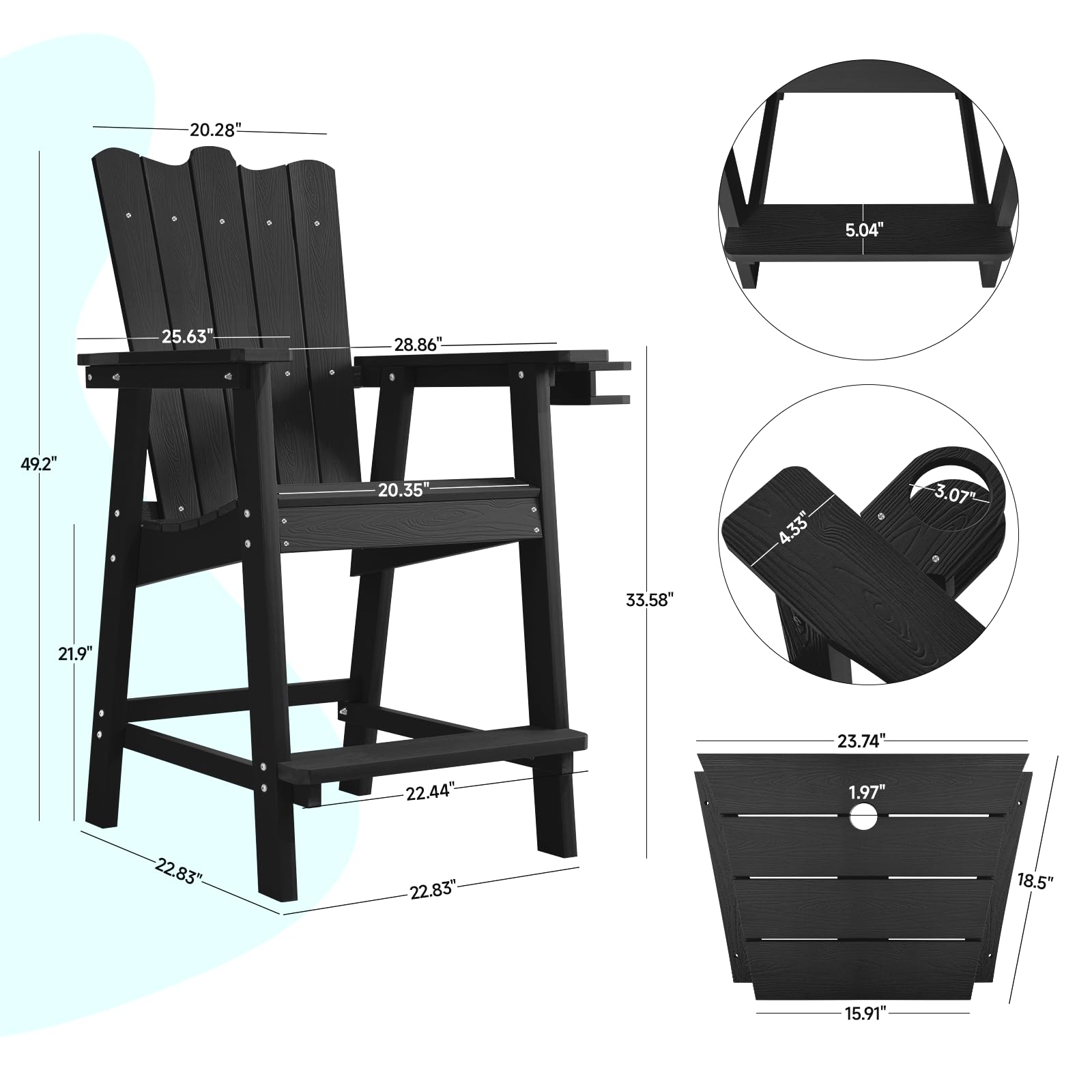 ONBRILL Tall Balcony Chair Set of 2, Patio Adirondack Chairs with Removable Connecting Trays, Outdoor Adirondack Barstools with Cup Holder and Umbrella Hole, Bar Height Chair Perfect for Patios, Black