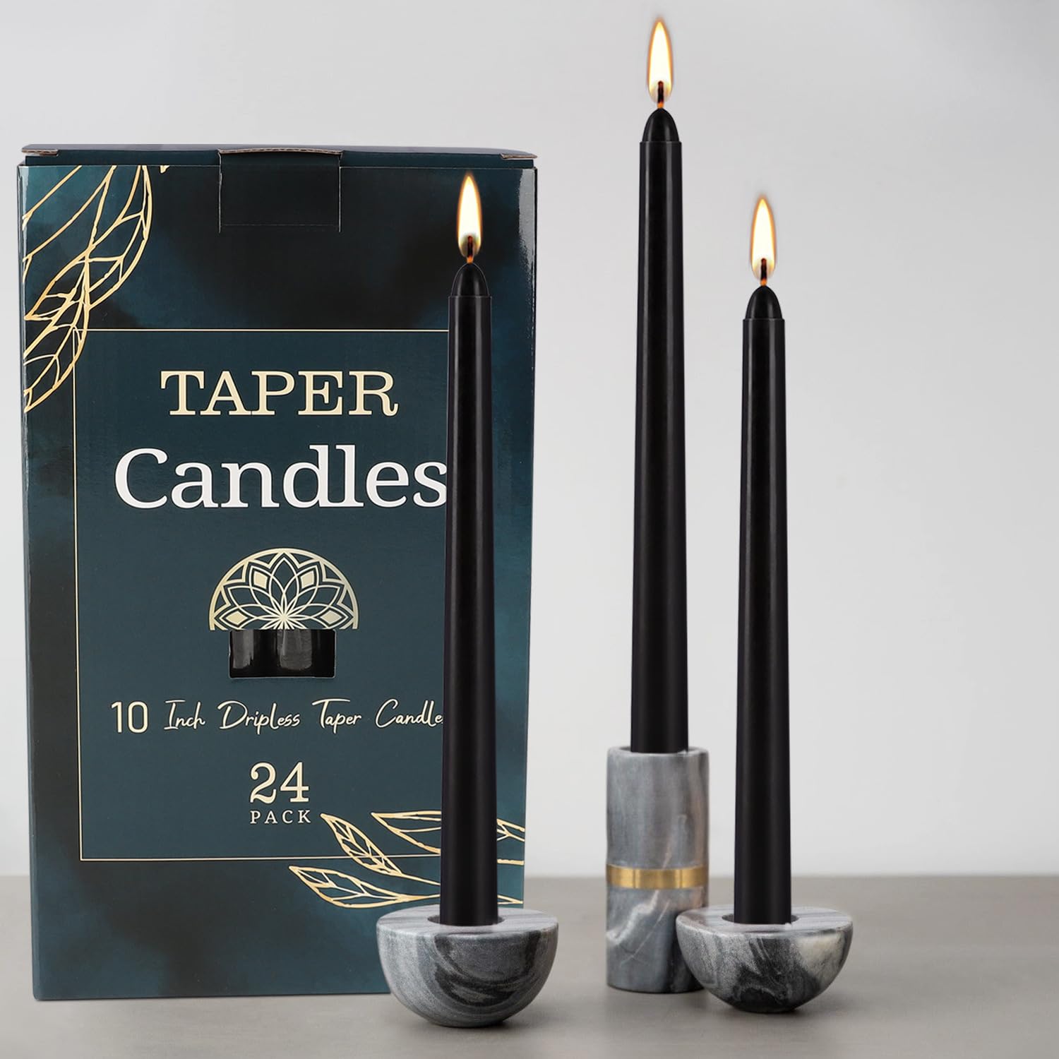 Black Taper Candles - Set of 24 Dripless Candles - 10 inch Tall, 3/4 inch Thick - 7.5 Hour Clean Burning