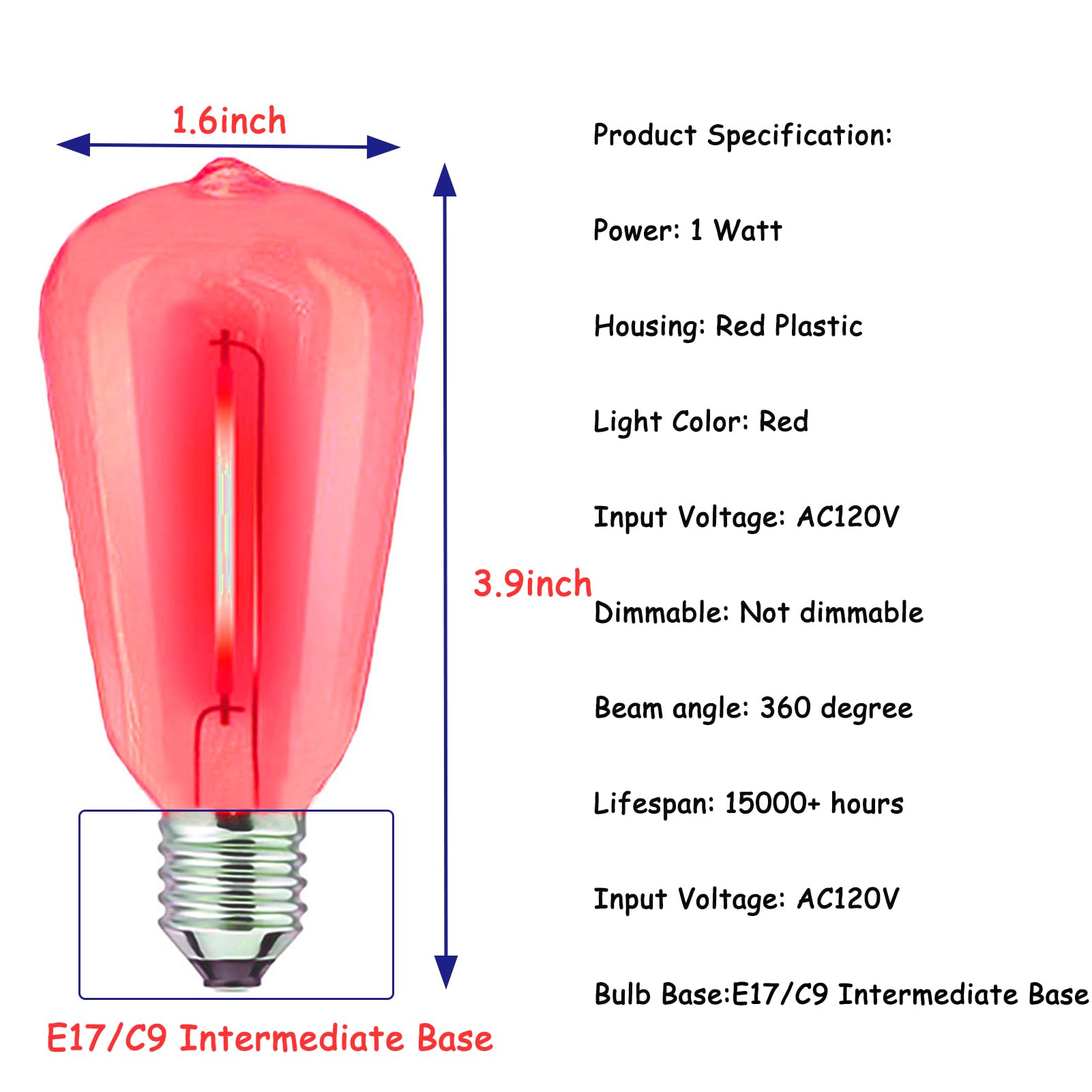 LRSUEYSKIN E17 LED Bulb Red ST40 Replacement Bulb 1W Shatterproof Plastic Colored Light Bulb Waterproof C9/E17 Screw Base ST40 String Light Replacement Bulb for Patio Yard Party Wedding, 15 Pack(Red)