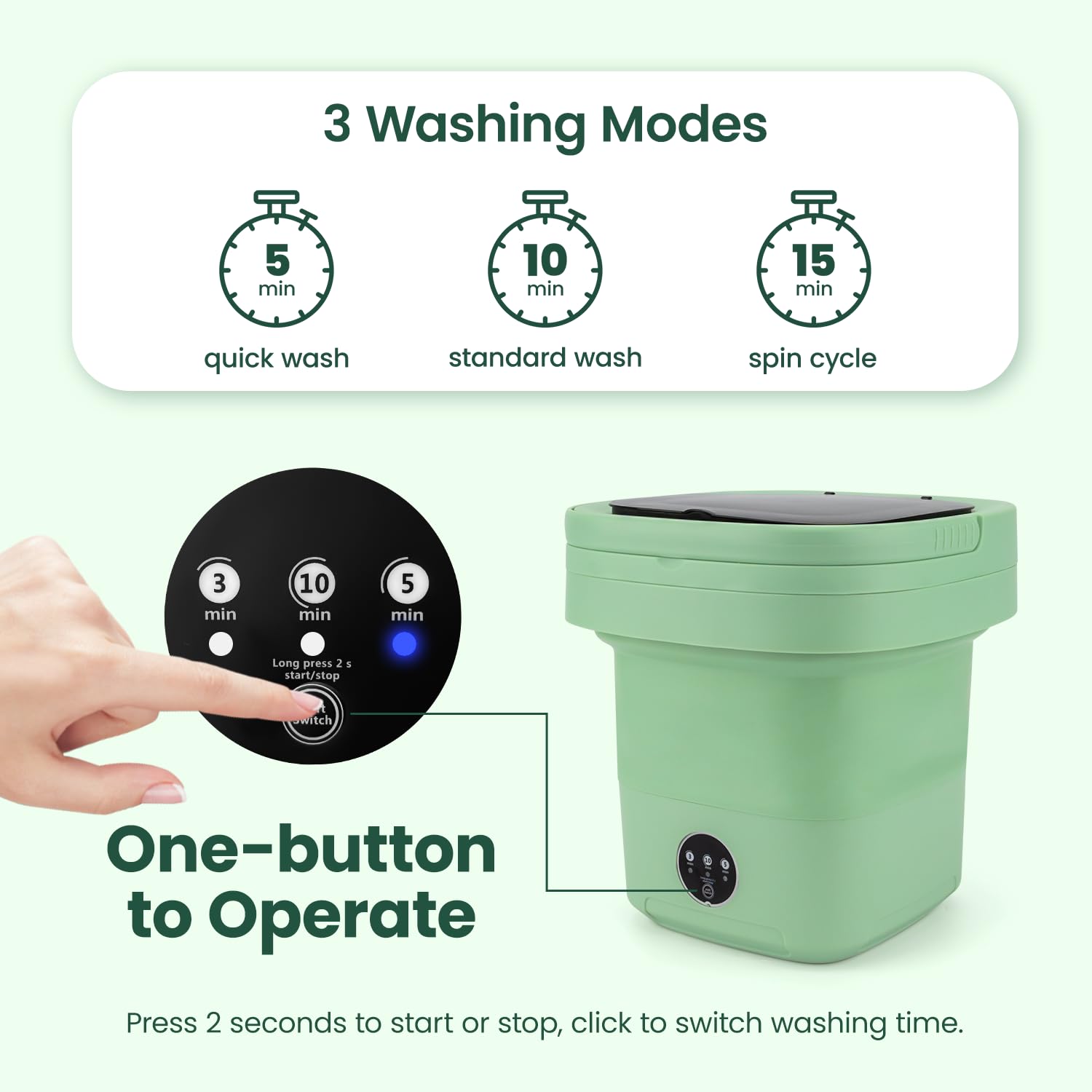 Portable Washing Machine, FETIONS 11L Foldable Washer with 3 Modes, Deep Cleaning of Underwear, Baby Clothes and Other Small Clothes, Suitable for Apartments,Dormitories,Hotels,Camping,Travel, Green