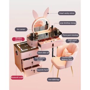 SFJATTA Pink Vanity Dressing Table Set, Wooden Makeup Desk with Cushioned Stool, Girls Women Vanity Desk for Bedroom Dressing Room, for Modern Bedroom Small Space (Pink Table) (Size : 80cm/31.5in)