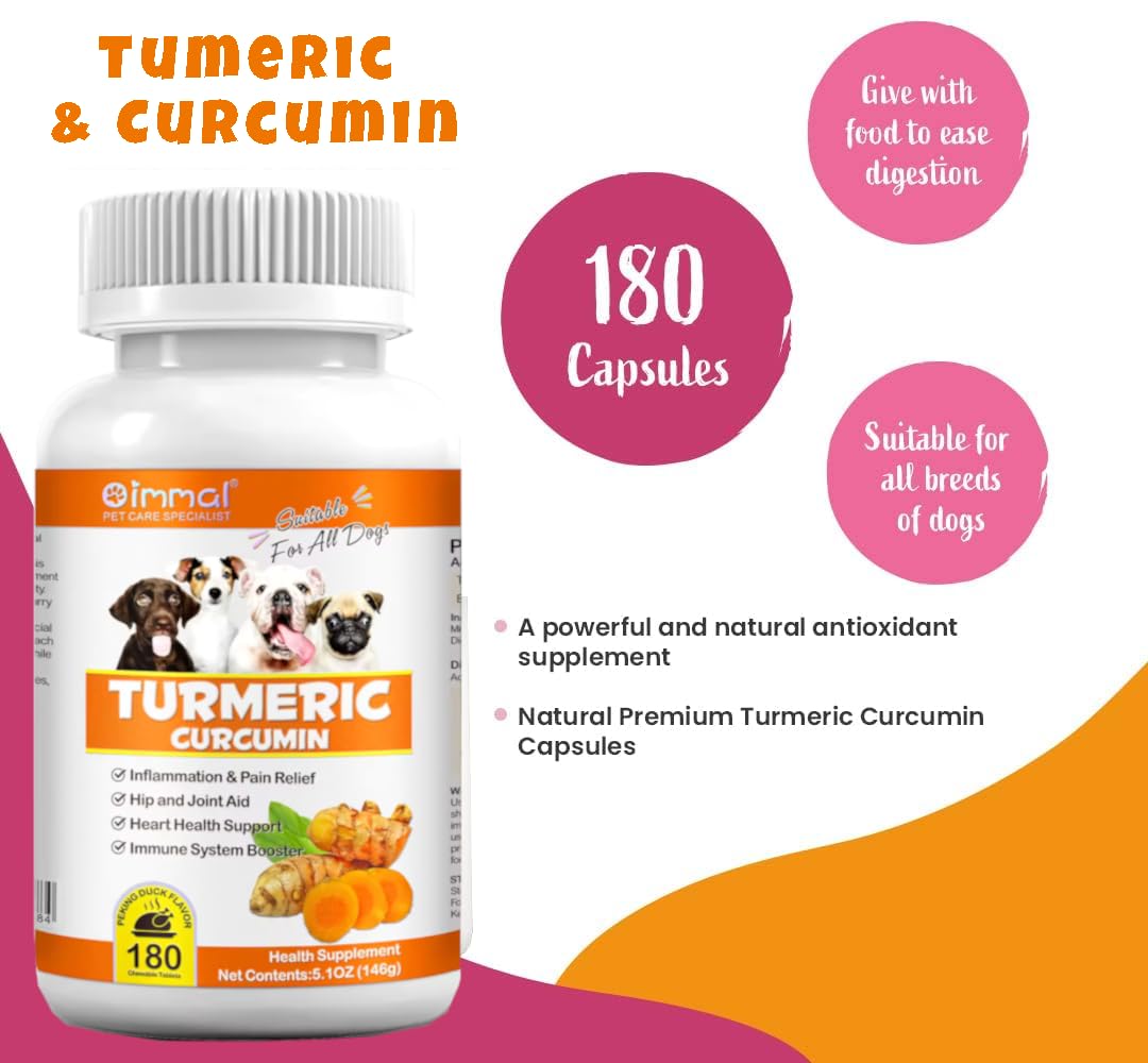 Tumeric and Curcumin for Dogs - 180 Count Tablet Treats – Helps Shedding, Skin Allergy, Itch and Dry Skin Relief, Hot Spots - Joint Health - Skin and Coat Supplement - Salmon Oil - Duck Flavor