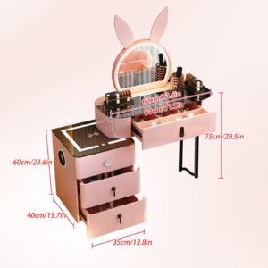 SFJATTA Pink Vanity Dressing Table Set, Wooden Makeup Desk with Cushioned Stool, Girls Women Vanity Desk for Bedroom Dressing Room, for Modern Bedroom Small Space (Pink Table) (Size : 80cm/31.5in)