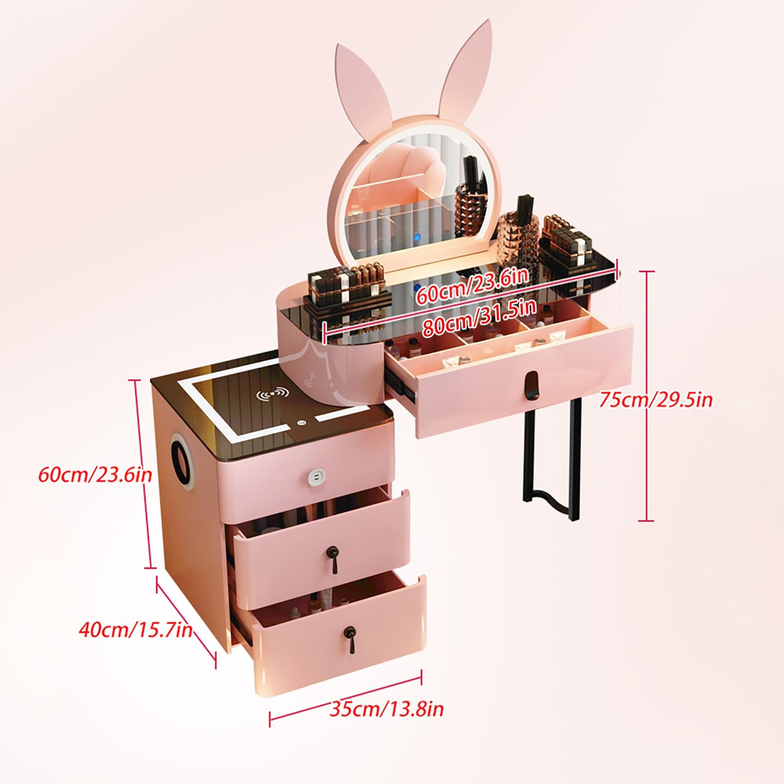 SFJATTA Pink Vanity Dressing Table Set, Wooden Makeup Desk with Cushioned Stool, Girls Women Vanity Desk for Bedroom Dressing Room, for Modern Bedroom Small Space (Pink Table) (Size : 80cm/31.5in)