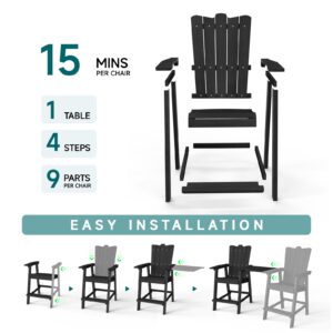 ONBRILL Tall Balcony Chair Set of 2, Patio Adirondack Chairs with Removable Connecting Trays, Outdoor Adirondack Barstools with Cup Holder and Umbrella Hole, Bar Height Chair Perfect for Patios, Black