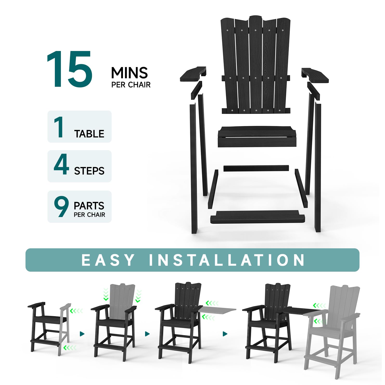 ONBRILL Tall Balcony Chair Set of 2, Patio Adirondack Chairs with Removable Connecting Trays, Outdoor Adirondack Barstools with Cup Holder and Umbrella Hole, Bar Height Chair Perfect for Patios, Black