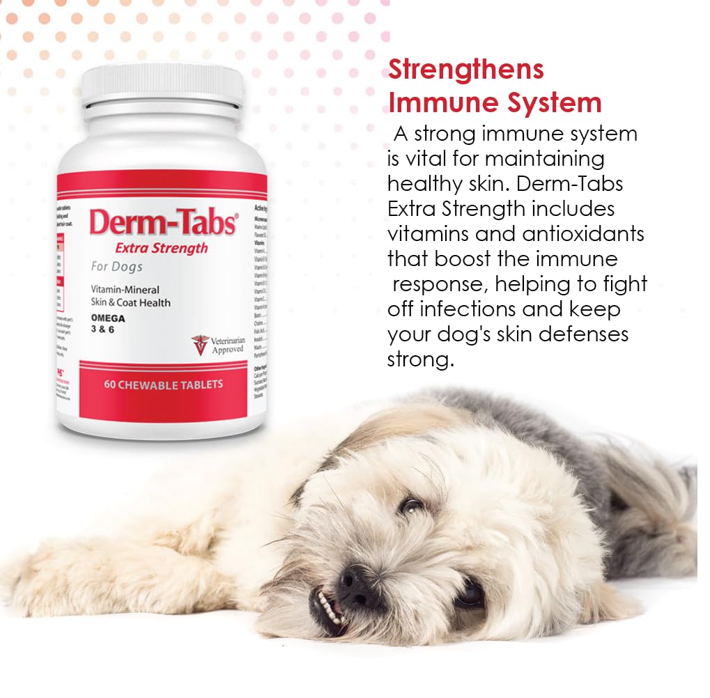 Derm Tabs Regular Strength for Dogs - Natural Oil, Vitamins, Minerals, and Antioxidants - Support Healthy Skin and Reduce Shedding - 120 Chewable Tablets