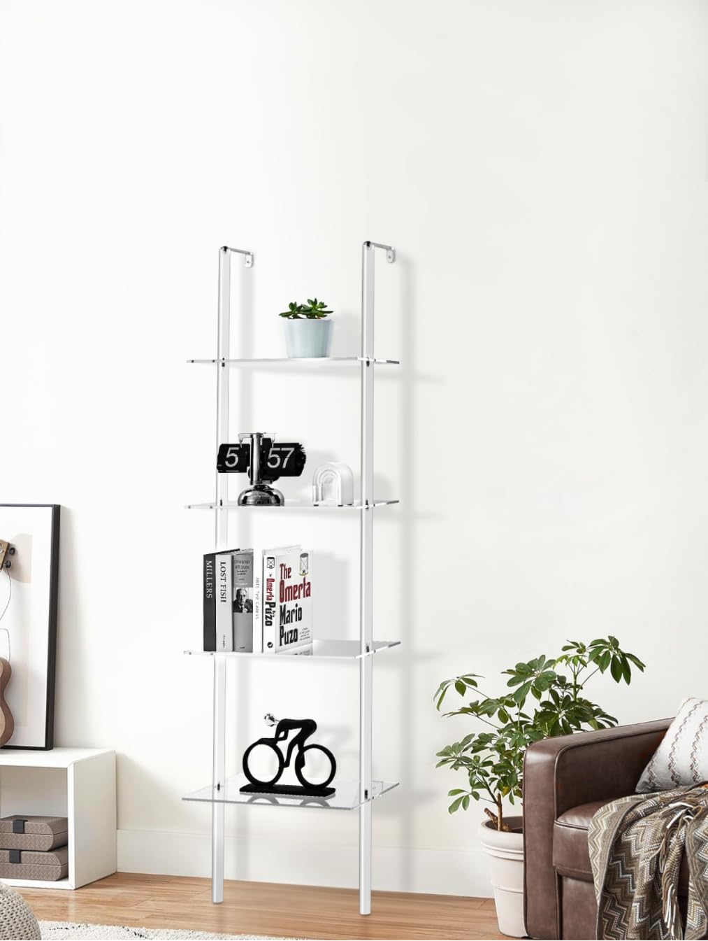 takor Compact Acrylic Ladder Bookshelf, Space-Saving 4-Tier Modern Design for Small Areas, Elegant Acrylic Bookcase for Living Room, Bathroom, Office (9.4" D x 15.7" W x 60.6" H)