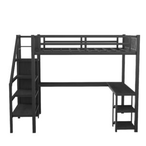 Full Size Loft Bed with Desk and Storage Stairs,Metal Full Loft Bed Frame with Wardrobe and Shelf, High Loft Bed with LED Light and USB Charging Station for Kids, Teens, Adults, Black