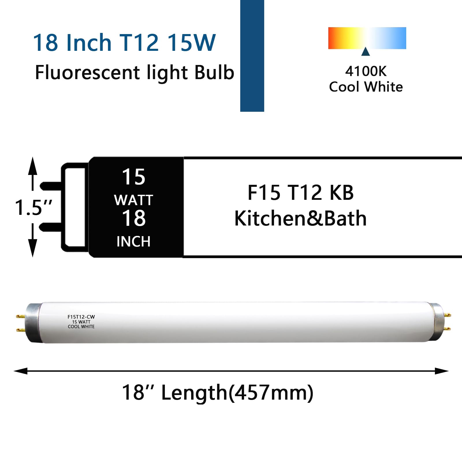 (4Pack) F15T12-CW 15W T12 Cool White 18" Fluorescent Light Bulb,Replace G E,Sylvania 21532,Philips Lamp Light Bulb,4100K Cool White, Medium Bi-Pin G13 Base