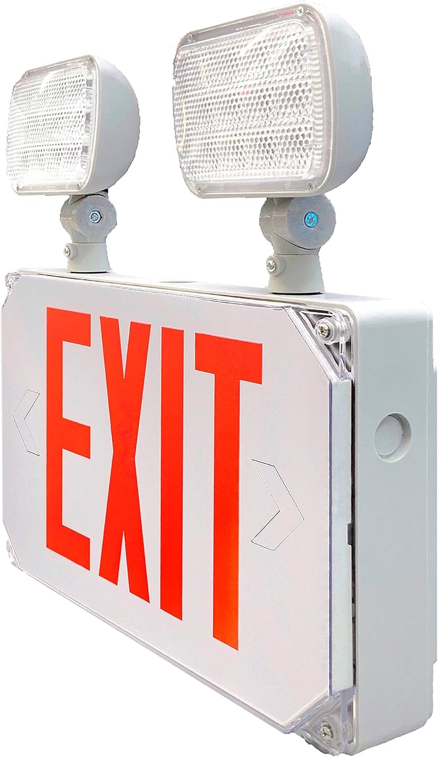 Wet Location Red Exterior Weatherproof Outdoor LED Combo Exit Sign Emergency Light With Battery Backup, Double Face, AC 120V/277V, UL Certified (4 Pack)