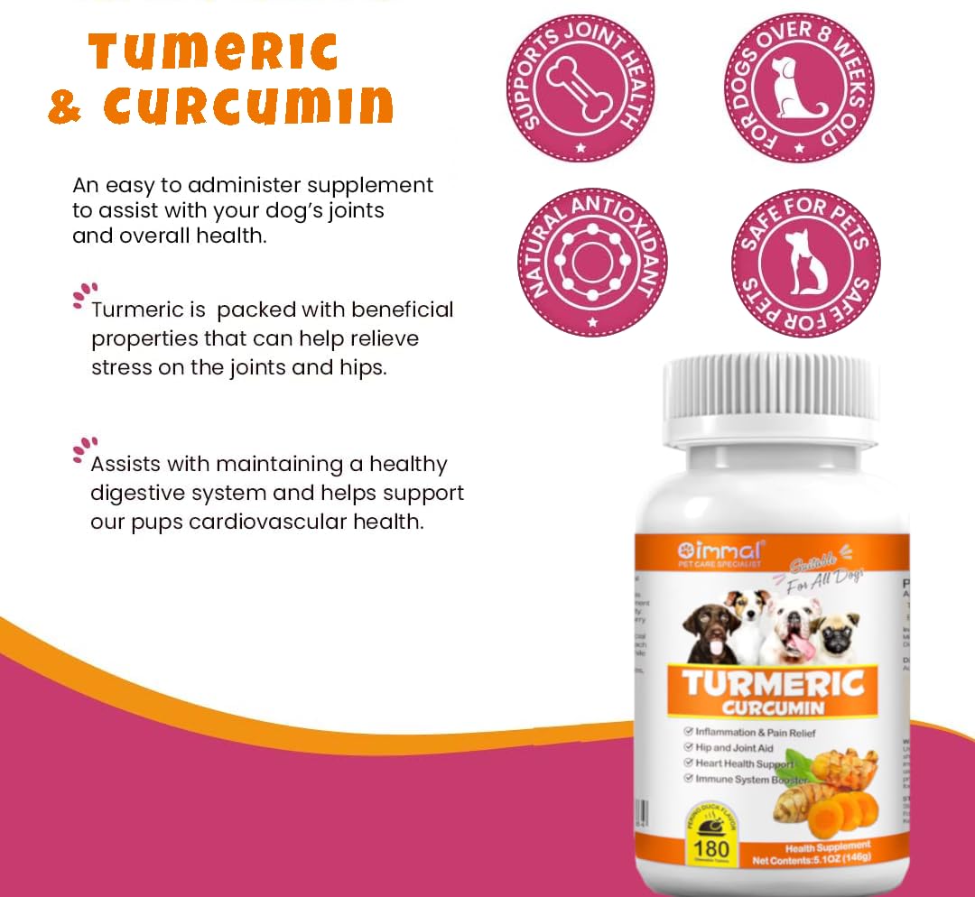 Tumeric and Curcumin for Dogs - 180 Count Tablet Treats – Helps Shedding, Skin Allergy, Itch and Dry Skin Relief, Hot Spots - Joint Health - Skin and Coat Supplement - Salmon Oil - Duck Flavor