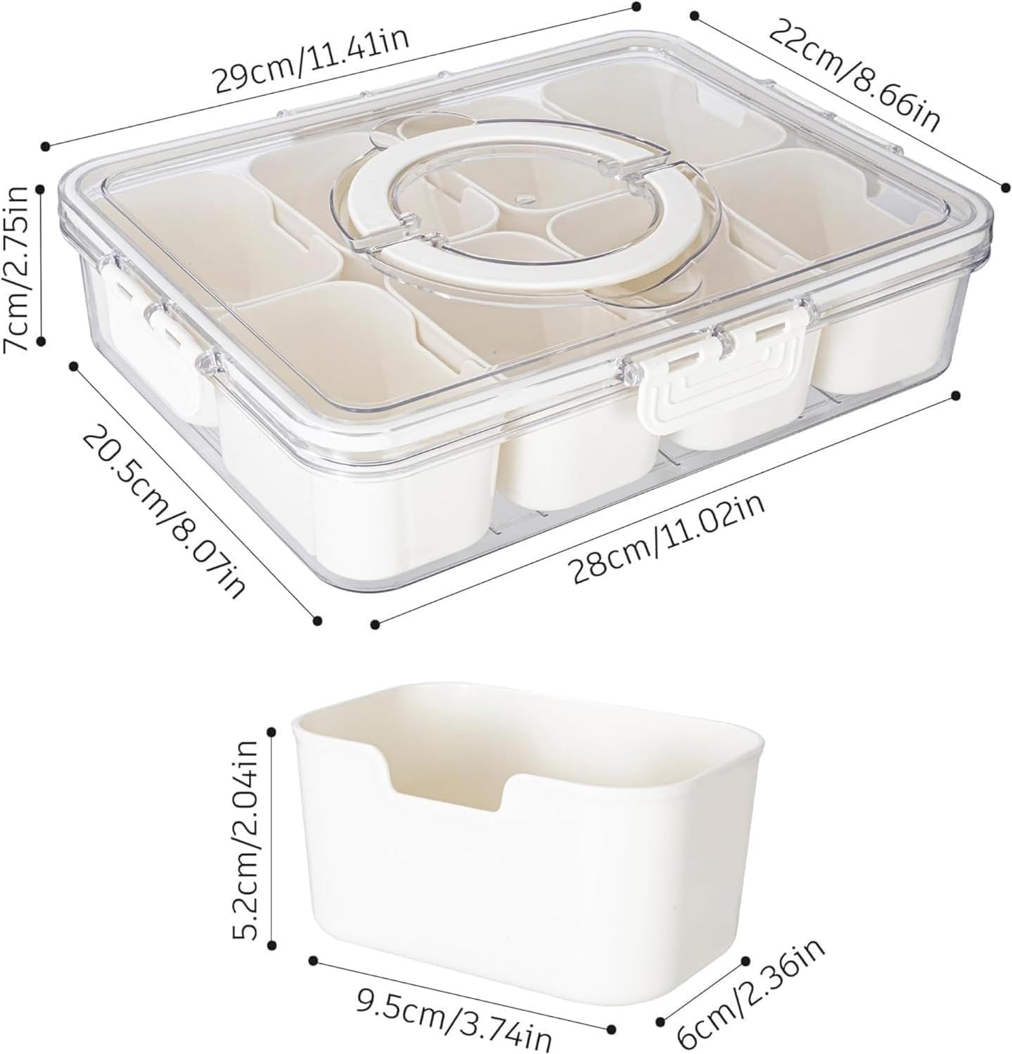 WACOI Divided Snack Serving Tray with Lid and Handle travel Snackle Box Charcuterie Container Portable Storage Organizer for Candy, Fruits, Nuts, Snacks 1Pack White