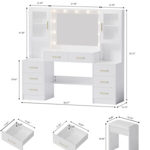 58.3" Large Vanity Desk with Mirror & Lights, Makeup Vanity with 10 LED Lights, 8 Metal Sliding Drawers & 2 Cabinets, White Vanity Set with Stool & Power Outlet 3 Lighting Modes Adjustable Brightness