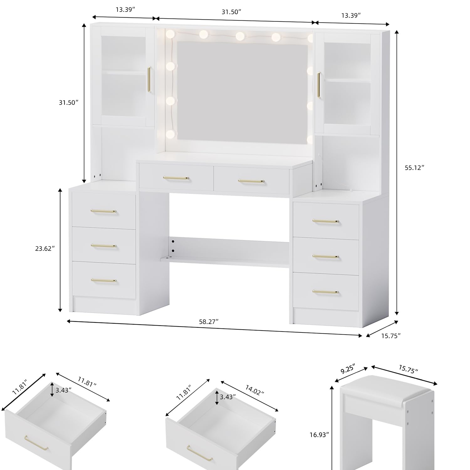 58.3" Large Vanity Desk with Mirror & Lights, Makeup Vanity with 10 LED Lights, 8 Metal Sliding Drawers & 2 Cabinets, White Vanity Set with Stool & Power Outlet 3 Lighting Modes Adjustable Brightness