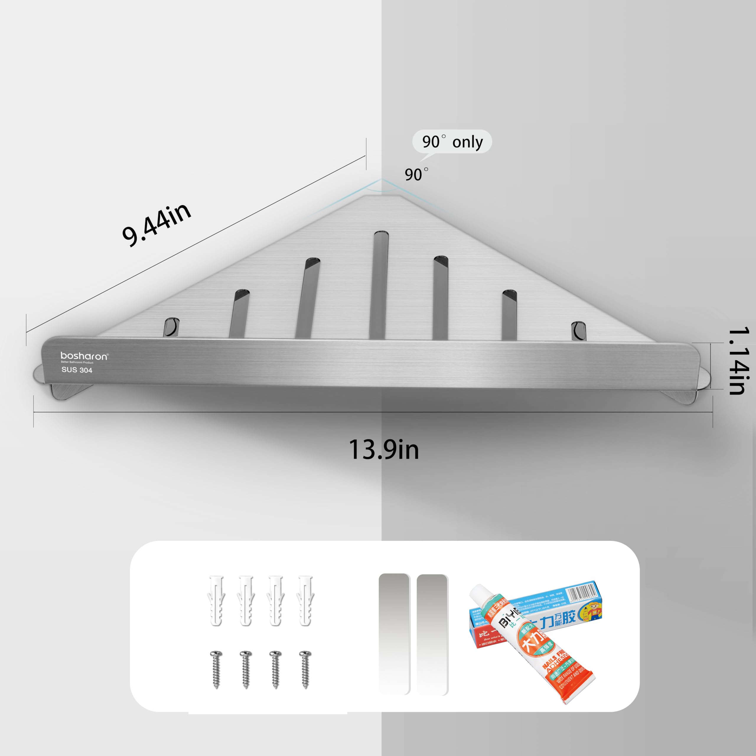 Adhesive Corner Shower Caddy, Stainless Steel Shower Storage Rack for Inside Shower No Drilling Wall Mounted Shower Shelf, Shower Corner Organizer Shelves for Bathroom and Kitchen (Silver-1 Pack)