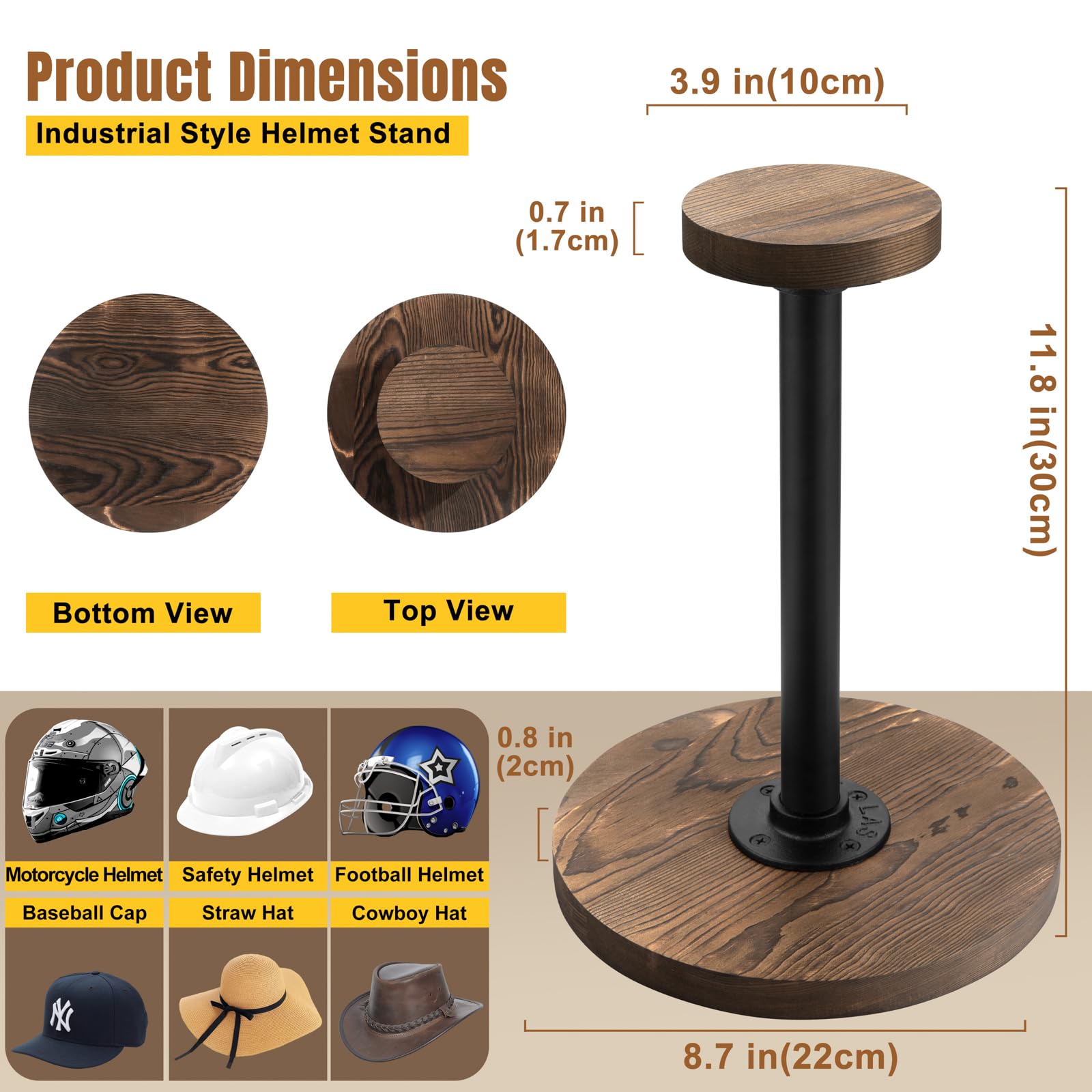 motofans® Industrial Style Helmet Stand, Rustic Burnt Solid Wood and Black Metal Pipe Cap and Wig Display Stand(1pcs)