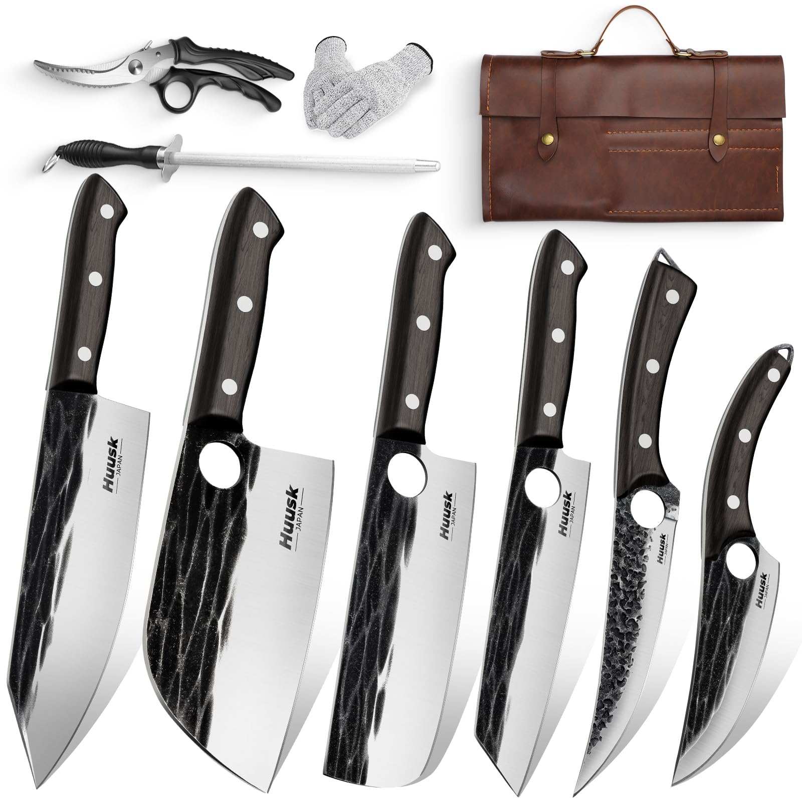 Huusk Knives Set, Serbian Chef Knife Set with Bag, Japanese Kitchen Knife Set, Hand Forged High Carbon Steel Knife Set, Full Tang Knife Set with Ebony Handle, Butcher Knife Set for Dad, Ideal Gif