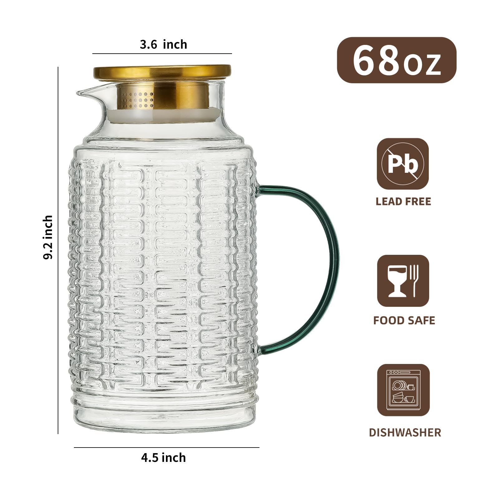 Buaic Glass Pitcher with Lid, 2 PACK 68 oz/2L Liter Vintage Water Pitcher, Clear Borosilicate Glass Water Carafe for Cold Brew, Coffee, Lemonade, Iced Tea,Beverage, Heat Resistant Water Glass Jug