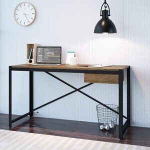 generic modern 54-inch width computer desk, wood writing desk ideal for home office | 54"" w x 24"" d x 29.5"" h wood and metal frame workstation for small spaces., brown, 14055