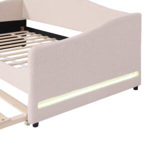 ACQCA Twin Size Upholstered Daybed with Trundle and LED Light, Teddy Fleece Day Bed Frame with Solid Wood Slats for Guest Room,Apartment,No Spring Box Needed, Easy Assembly, Beige 1