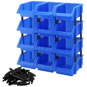 hoigon 12 pack blue garage storage tool bin, 7.09 x 4.72 x 3.15 inch plastic hanging stacking stackable organizer storage rack for hardware tools organization, workshop, small parts