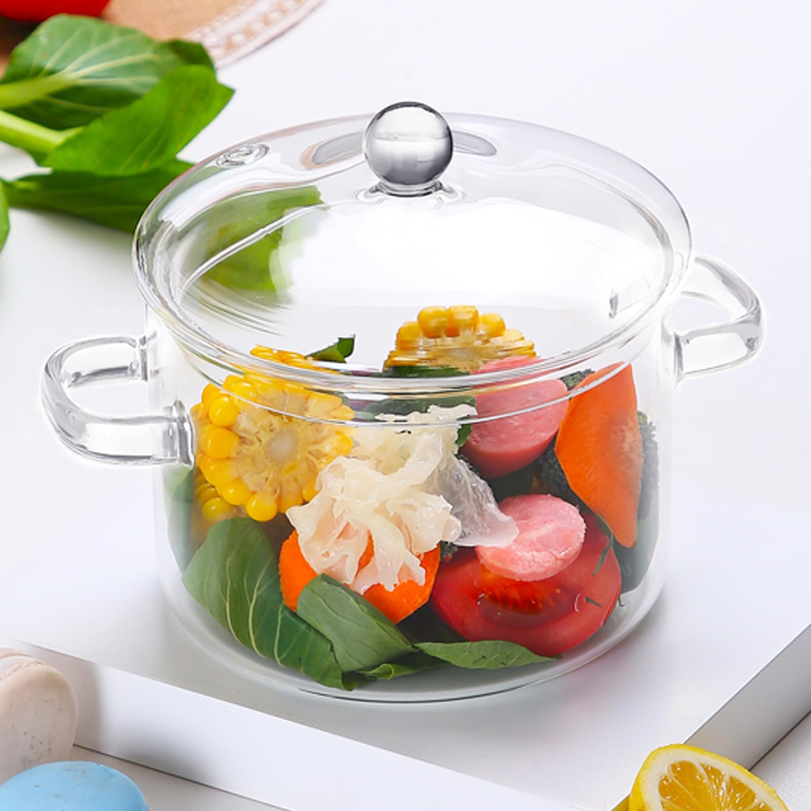 Clear Glass Simmer Pot with Lid - 1.9L/64 FL OZ Heat-Resistant Borosilicate Glass Pot for Cooking on Stove Glass Saucepan for Cooking Potpourri Cookware for Pasta, Soup, Tea, Milk Dishwasher Safe