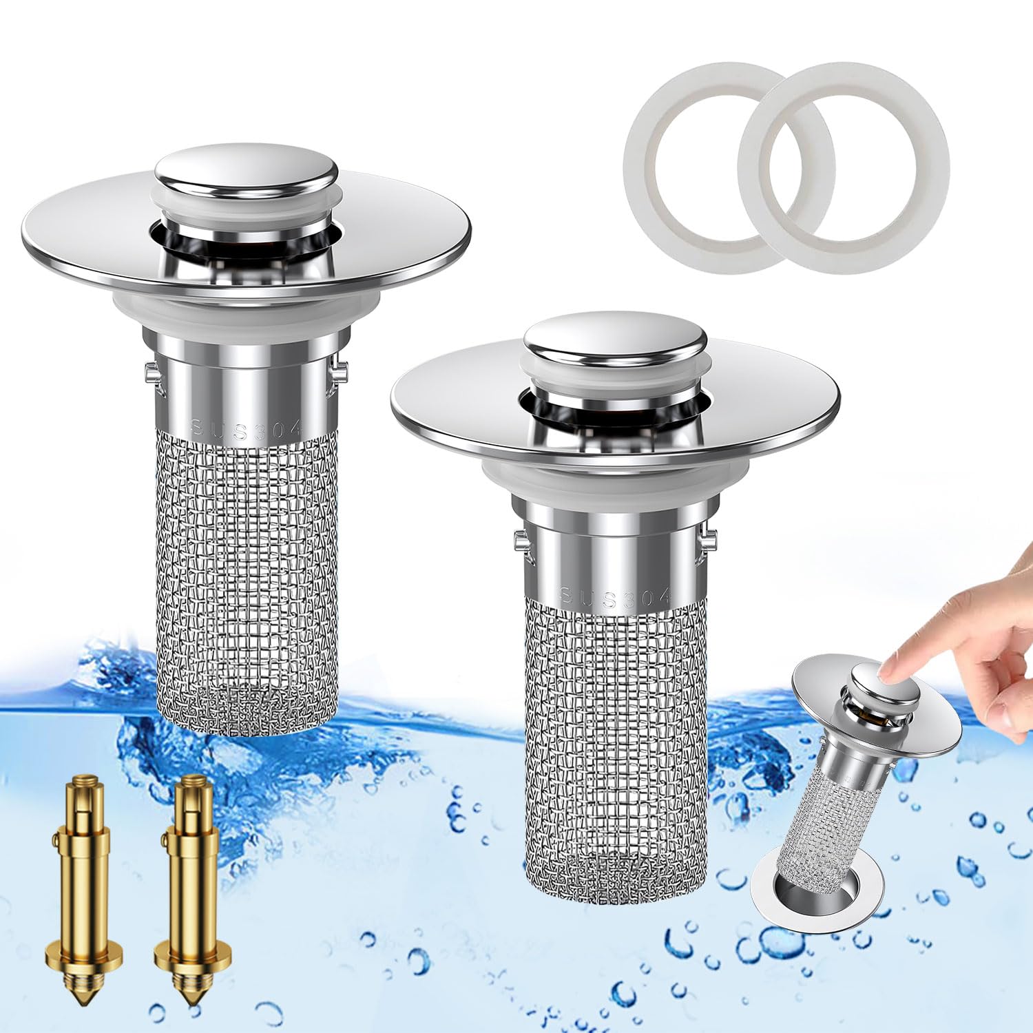 (2PCS) Bathroom Sink Drain Strainer, Pop-up Sink Drain Strainer with Removable Stainless Steel Strainer Basket Hair Catcher, Bathroom Sink Strainer for Bathroom Sink Stopper Replacement