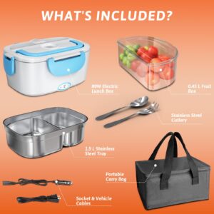 FARTVOLUS Electric Lunch Box 80W Food Heater for Adults, 12/24/110V Upgraded Portable Heated Lunch Box with 1.5L/304 Stainless Steel Container Fork & Spoon, for Work/Men/Car/Truck/Camping