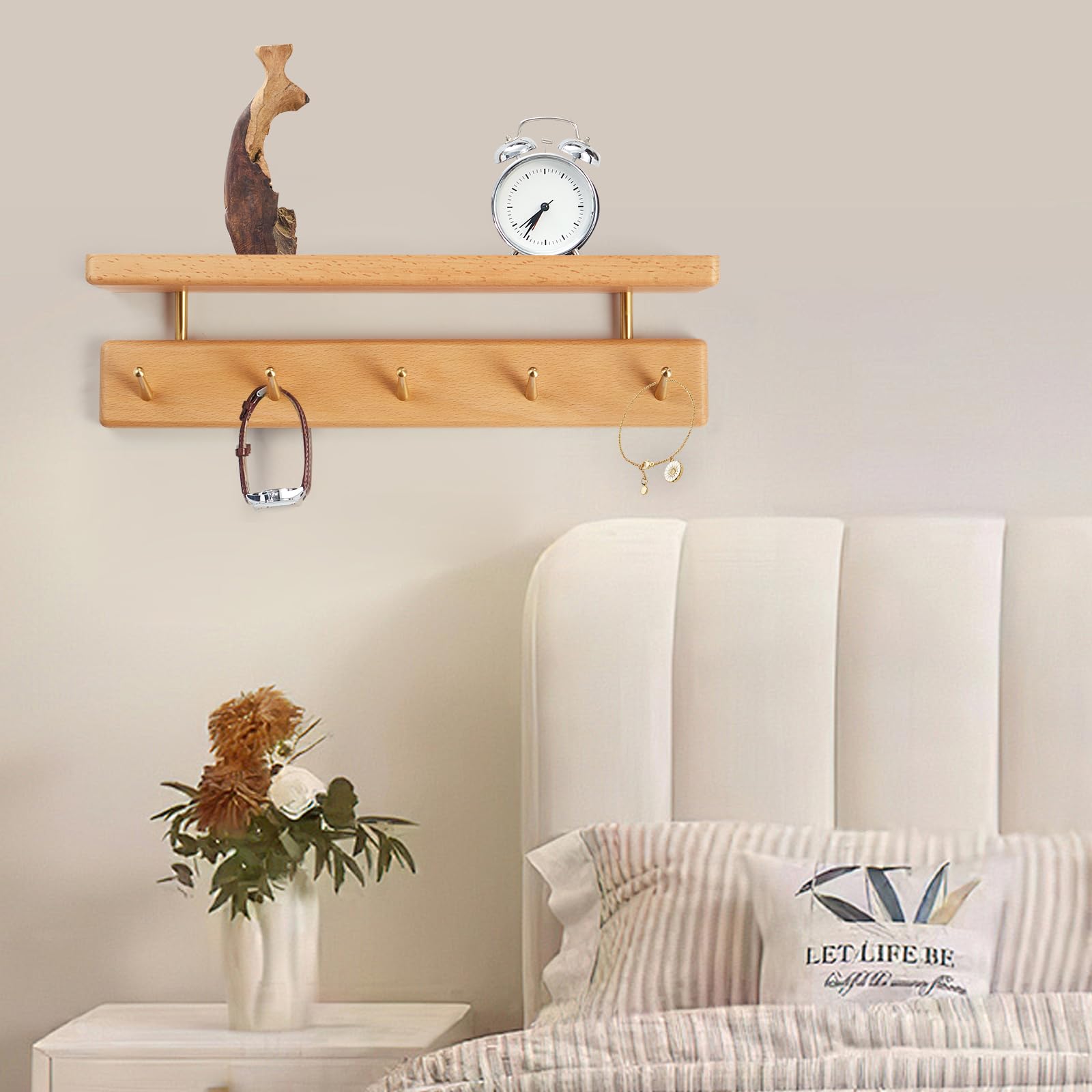 Mayhas Solid Wood Shelf with Hooks, Coat Rack Wall Mount, Shelves with 5 Brass Hooks for Hanging in Entryway, Living Room, Bathroom, Bedroom, Kitchen(Beechwood)