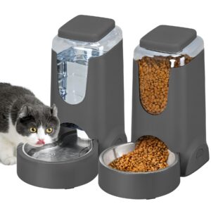 2 pack automatic cat feeder and stainless steel water dispenser, gravity dog waterer set food feeder and waterer set for small medium kitten puppy pets(1 gallon x 2, charcoal gray)