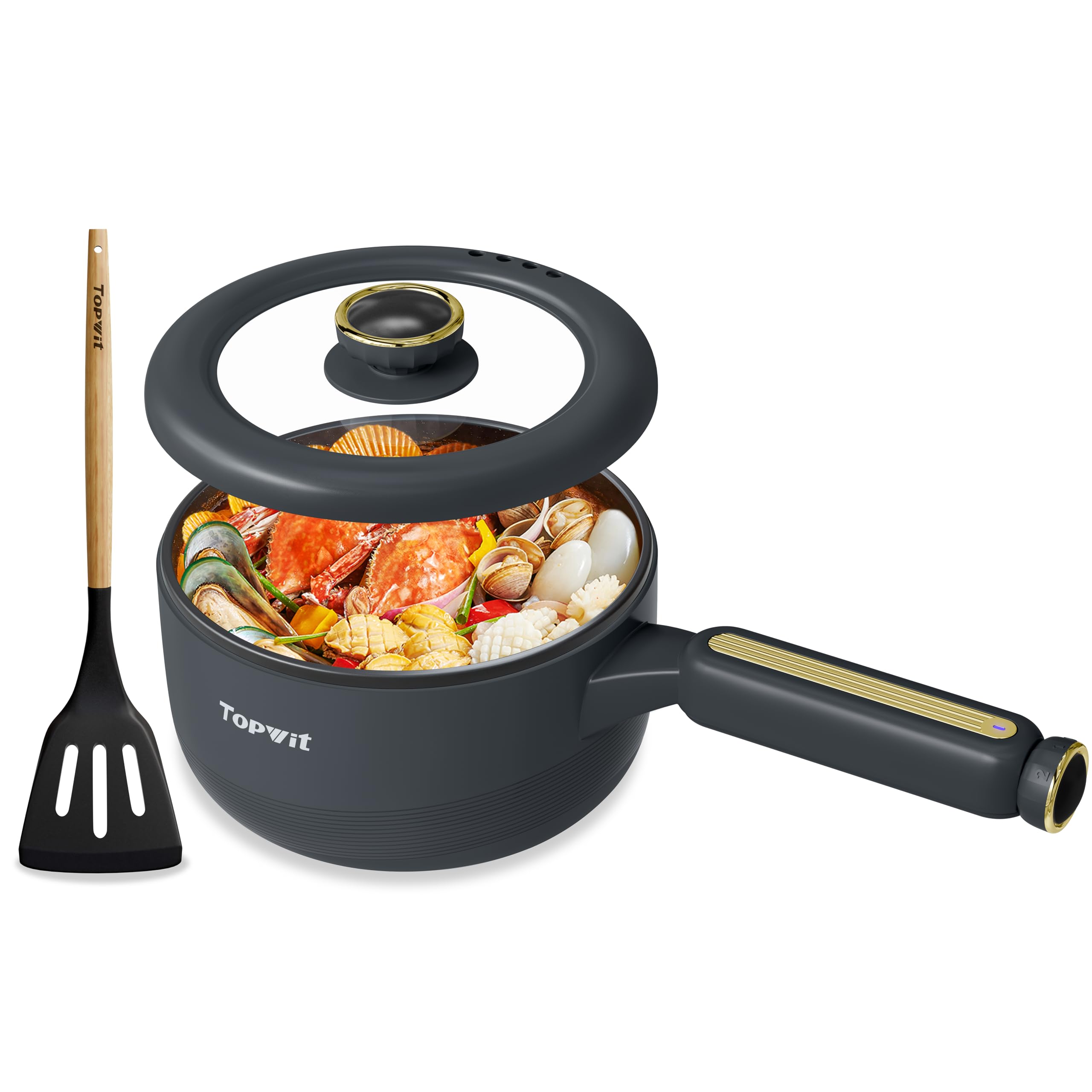 TOPWIT Hot Pot Electric, 2L Multifunctional Electric Pot, Non-Stick Fring Pan, Portable Pot for Steak, Egg, Fried Rice, Ramen, Soup with Dual Power Control (Silicone Spatula Included), Grey