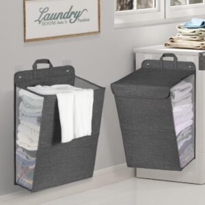 Lifewit 50L Hanging Laundry Hamper, 2 Pack Collapsible Large Opening Portable Laundry Basket with Lid and Handle, Wall Mounted Mesh Dirty Clothes Hamper Over the Door and Wall for Bathroom Dorm, Black