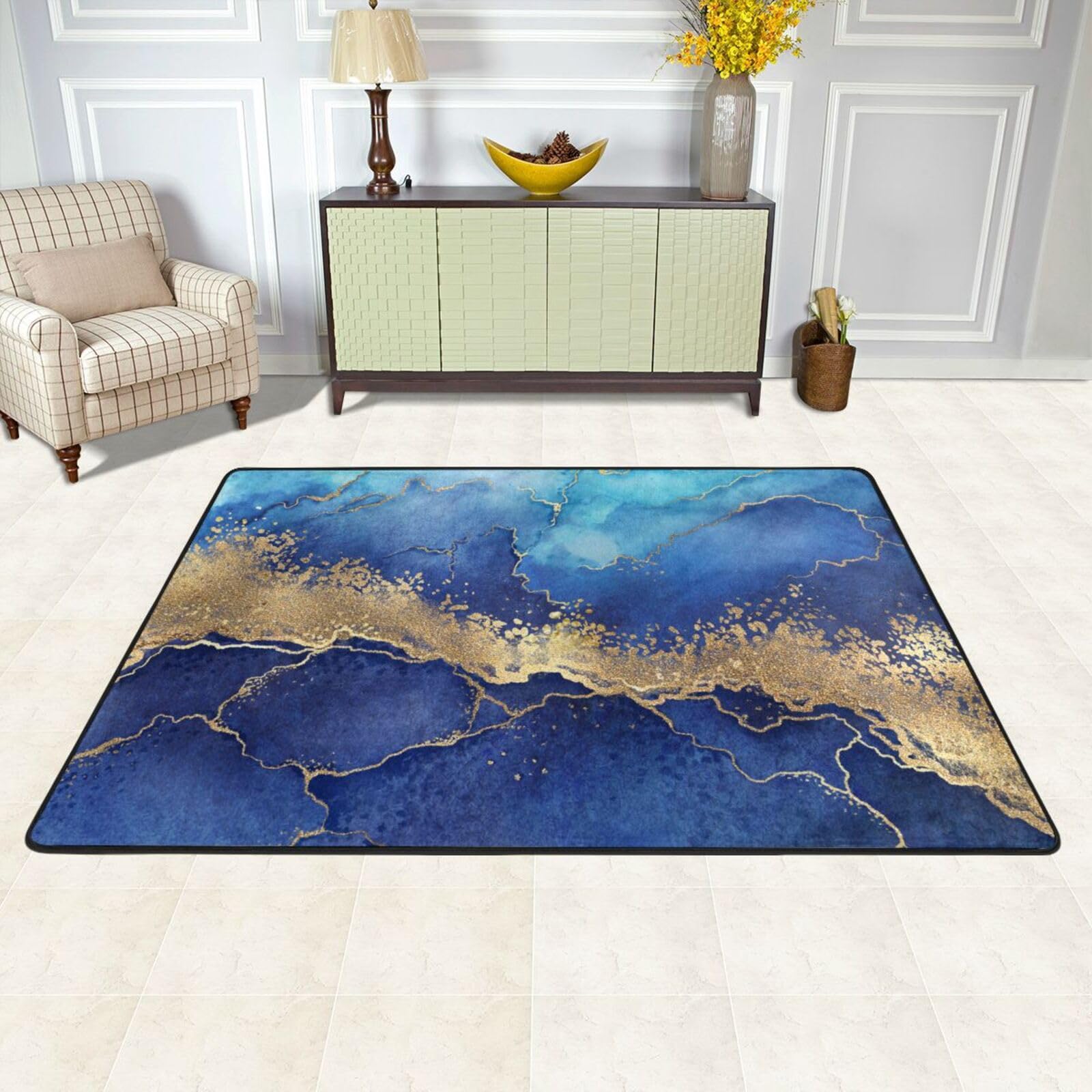 Jbofyee Blue Marble Area Rug Non-Slip Soft Microfiber Washable Inside Floor Mats Throw Rugs Carpet for Living Room Bedroom Office Dorm Home Decor, 36x24 Mat