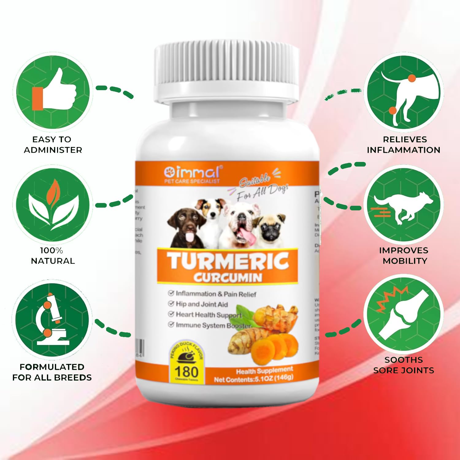 Tumeric and Curcumin for Dogs - 180 Count Tablet Treats – Helps Shedding, Skin Allergy, Itch and Dry Skin Relief, Hot Spots - Joint Health - Skin and Coat Supplement - Salmon Oil - Duck Flavor