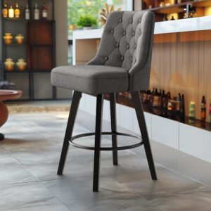 patioperk modern swivel bar stools with back, 26" h seat set of 1, 360 rotation counter height bar stools, retro upholstered barstools for kitchen island with solid wood legs, linen fabric, gray