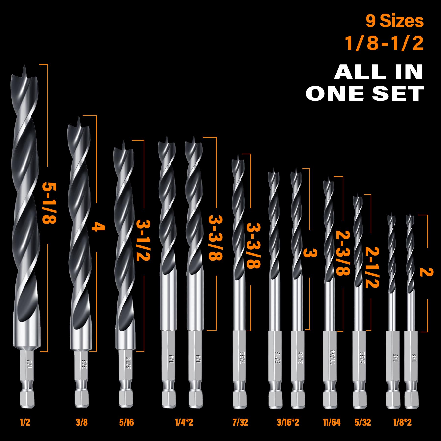 Brad Point Drill Bit Set 12Pcs (1/8" - 1/2") Hex Drill Bit Set with Double Flutes Design for Hardwood, Plywood, Plastic Round Holes in All Types of Wood