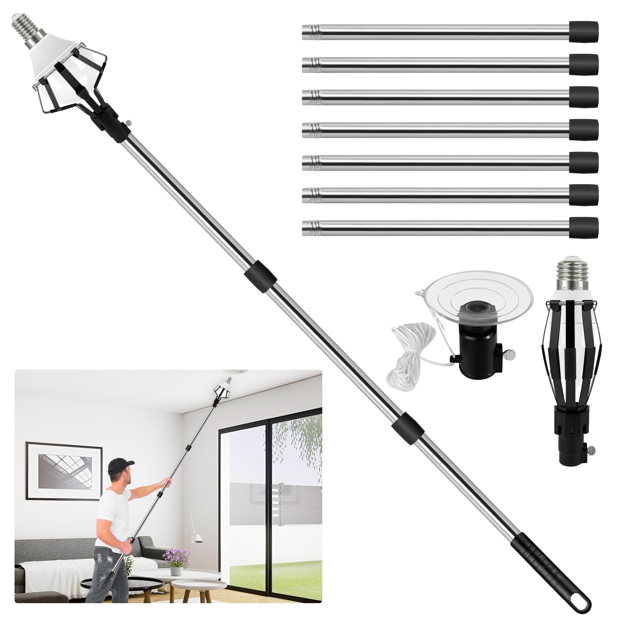 Light Bulb Changer for High Ceilings - 13FT Light Bulb Changer Kit with Extension Pole Light Bulb Changer with Baskets and Suction Cup Light Bulb Removal Tool for High Ceilings and Recessed Lights