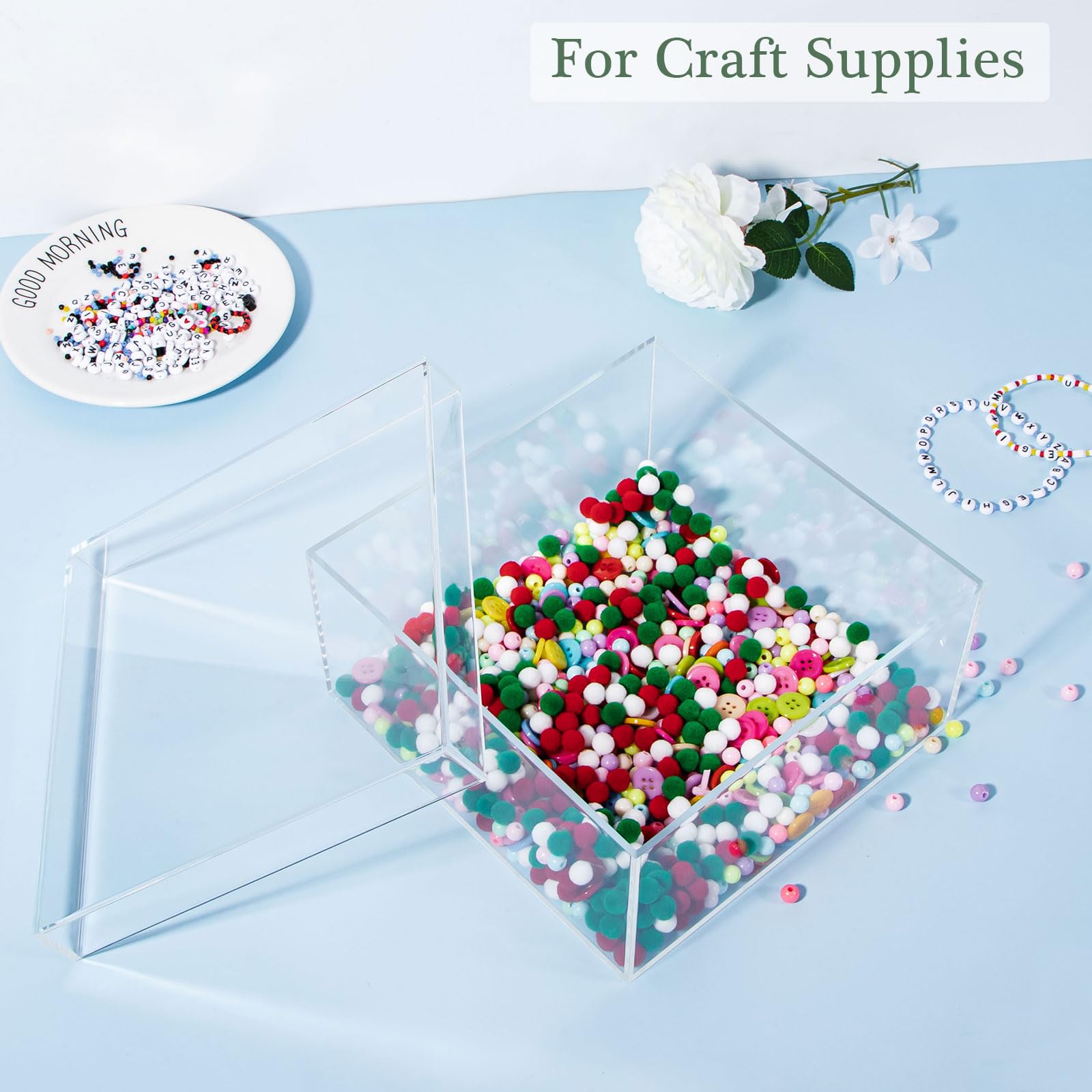 Yeeco Clear Acrylic Boxes with Lid Acrylic Storage Cube Containers with Lids, Plastic Square Boxes 7.92×7.92×3.93 Inches for Candy, Cotton Ball, Beads, Tiny Arts, Watches, Earring, Cosmetics