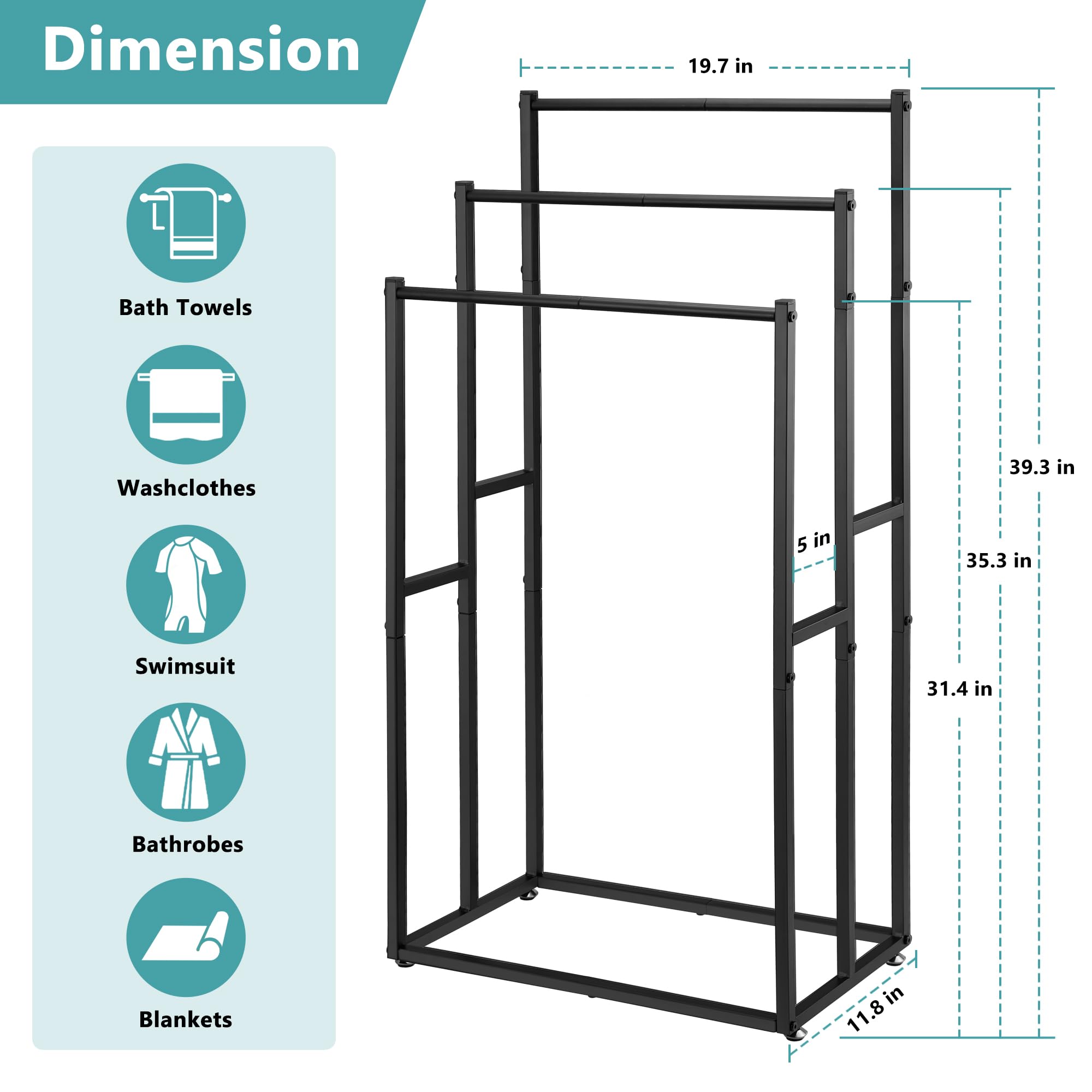 Free Standing Towel Rack, 39 Inch Tall Floor Towel Racks for Bathroom, 3 Tier Freestanding Outdoor Pool Towel Drying Rack Stand, Blanket Holder Storage, Black, ALHAKIN