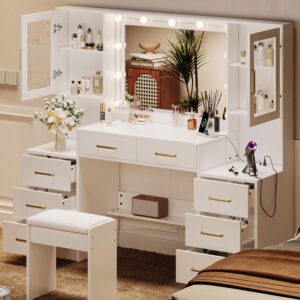 58.3" Large Vanity Desk with Mirror & Lights, Makeup Vanity with 10 LED Lights, 8 Metal Sliding Drawers & 2 Cabinets, White Vanity Set with Stool & Power Outlet 3 Lighting Modes Adjustable Brightness