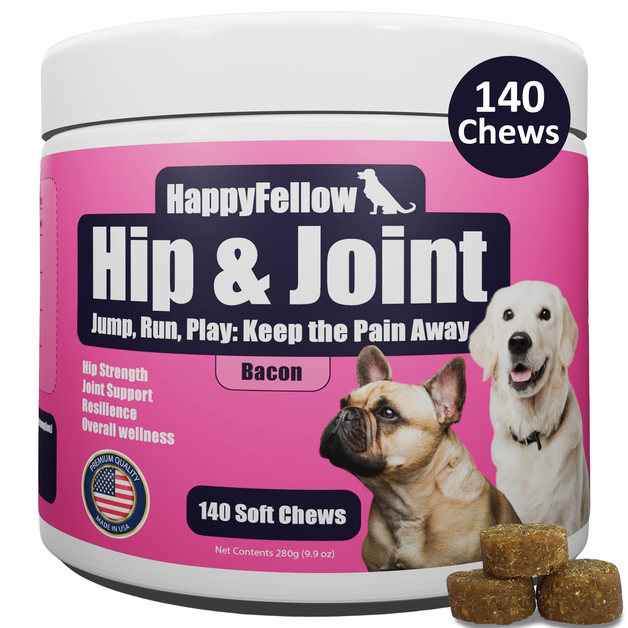 HappyFellow Hip and Joint Supplement for Dogs - Chondroitin Glucosamine for Dogs Dog Joint Supplement - Dog Vitamins and Supplements - 140 Soft Chews