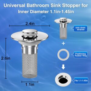 (2PCS) Bathroom Sink Drain Strainer, Pop-up Sink Drain Strainer with Removable Stainless Steel Strainer Basket Hair Catcher, Bathroom Sink Strainer for Bathroom Sink Stopper Replacement