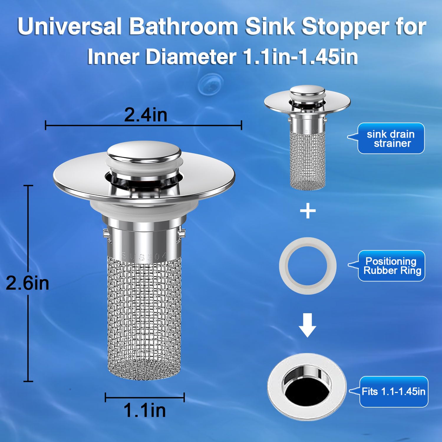 (2PCS) Bathroom Sink Drain Strainer, Pop-up Sink Drain Strainer with Removable Stainless Steel Strainer Basket Hair Catcher, Bathroom Sink Strainer for Bathroom Sink Stopper Replacement