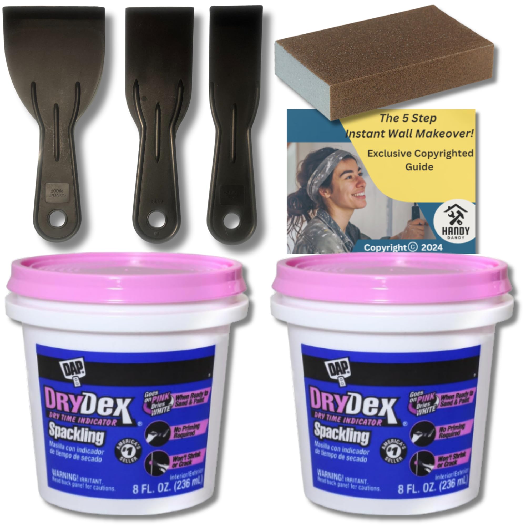 Drywall Repair Kit- Bundle with DAP Drydex Spackling Pink-Sanding Block, Putty Knives, Handy Dandy Guide- Spackle Wall Repair Kit- Nail Hole Filler for Walls-Drywall Patch Kit