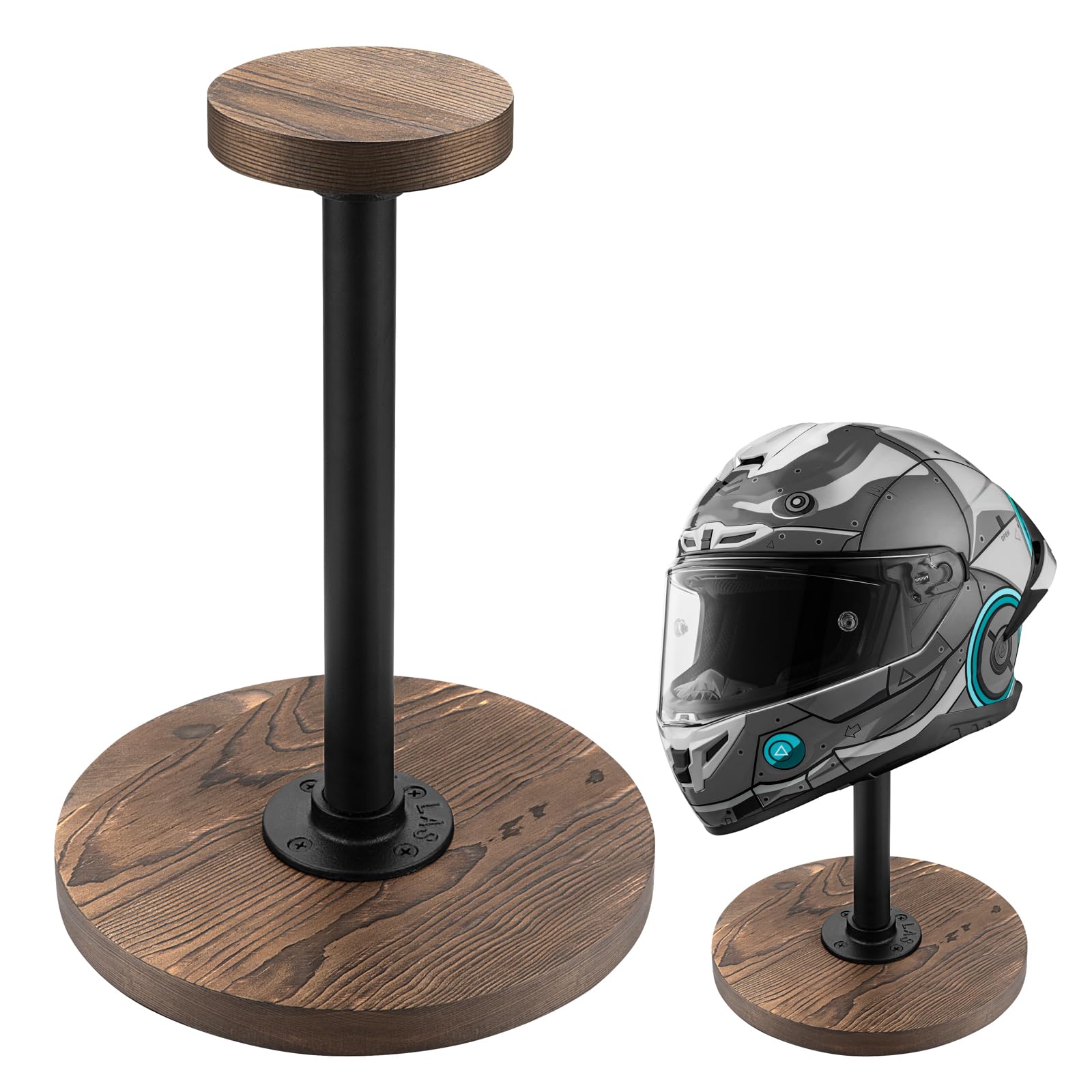 motofans® Industrial Style Helmet Stand, Rustic Burnt Solid Wood and Black Metal Pipe Cap and Wig Display Stand(1pcs)