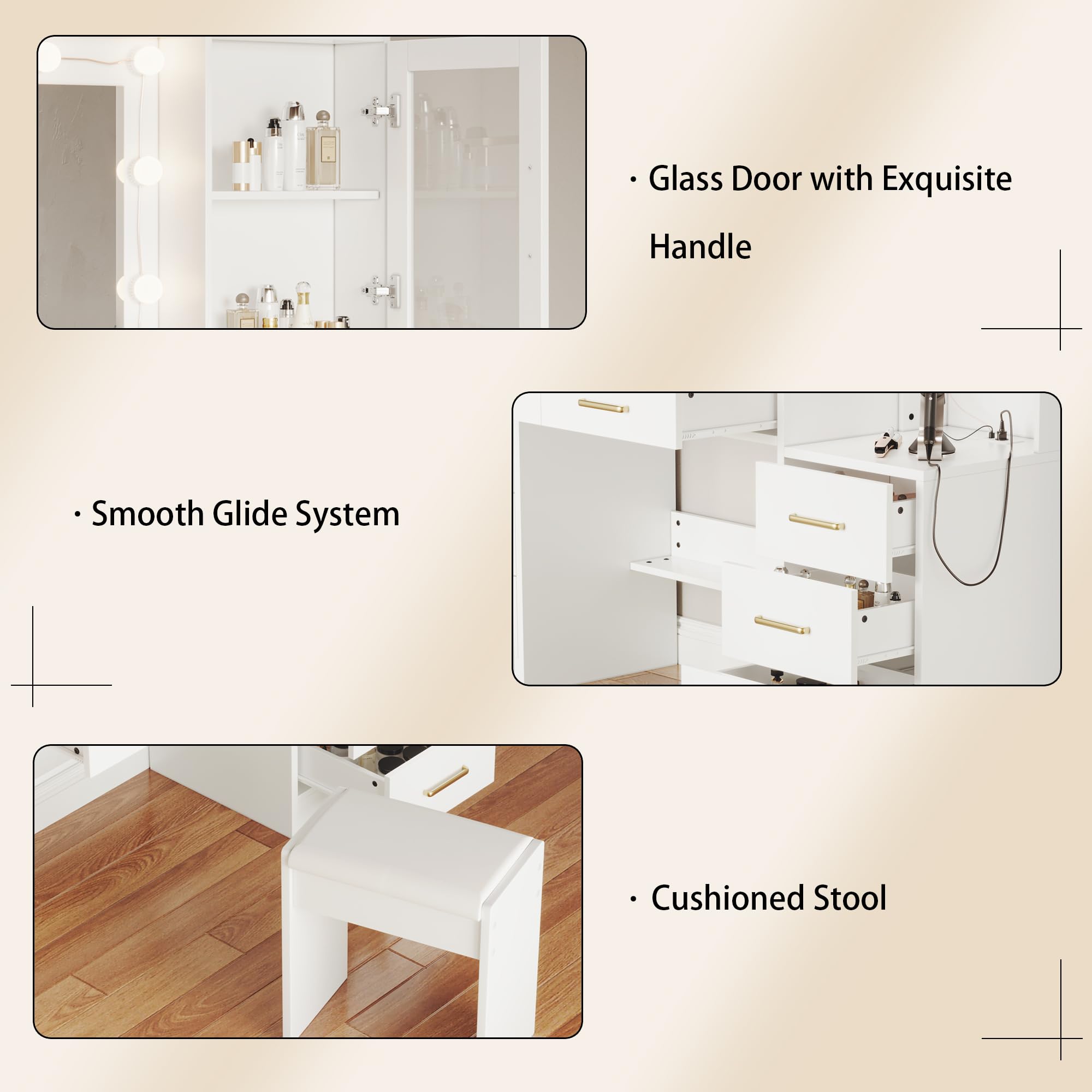 58.3" Large Vanity Desk with Mirror & Lights, Makeup Vanity with 10 LED Lights, 8 Metal Sliding Drawers & 2 Cabinets, White Vanity Set with Stool & Power Outlet 3 Lighting Modes Adjustable Brightness