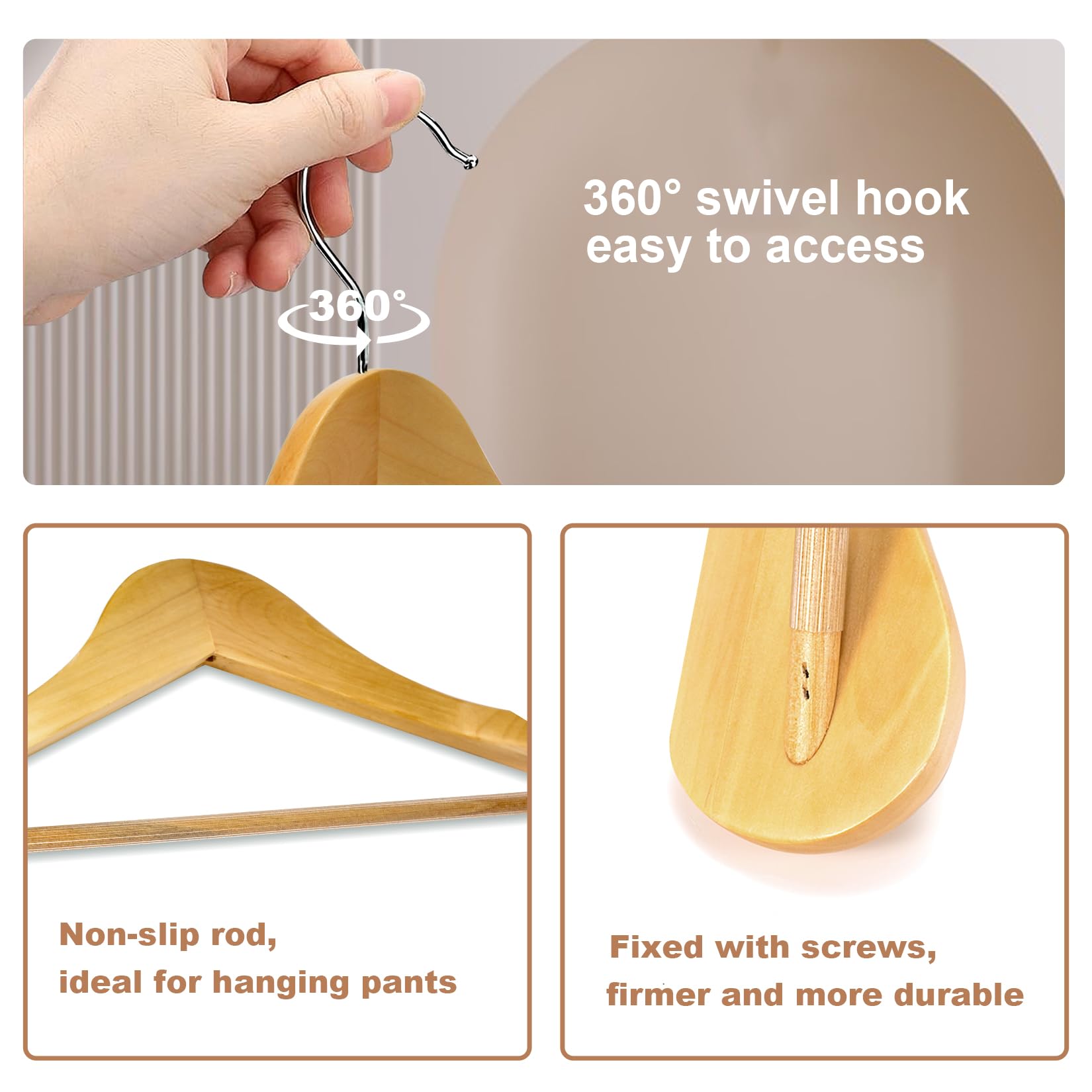 ENUOSUMA High-Grade Wide Shoulder Wooden Hangers 10 Pack,Smooth Finish Wood Suit Hanger Coat Hanger for Closet,Non Slip Pants Bar,Holds Up to 20lbs, 360° Swivel Hook,for Jacket,Dress Heavy Clothes